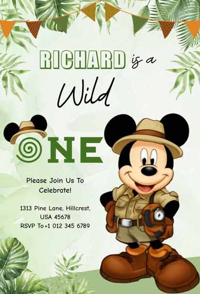 Safari Mickey Mouse Birthday Invitation with Green Leaves And Orange Flags
