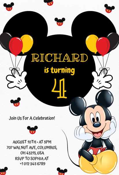 Mickey Mouse Birthday Invitation with Black, Red, and Yellow Balloons