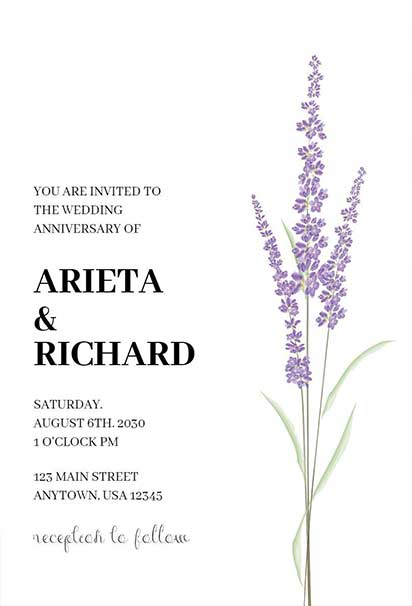 Minimal Wedding Anniversary Invitation With Lavender Floral Accents and Clean Elegant Layout