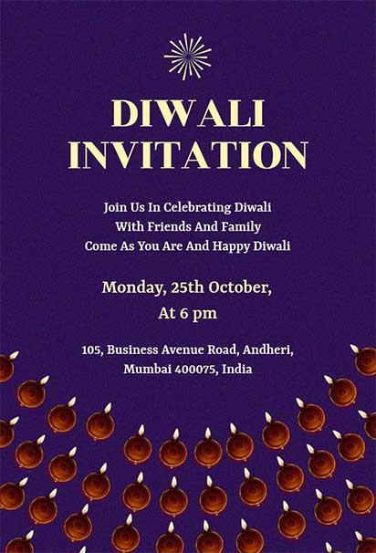 Minimalist Diwali Invitation Featuring Purple Background, Golden Diyas, and Elegant Simple Design