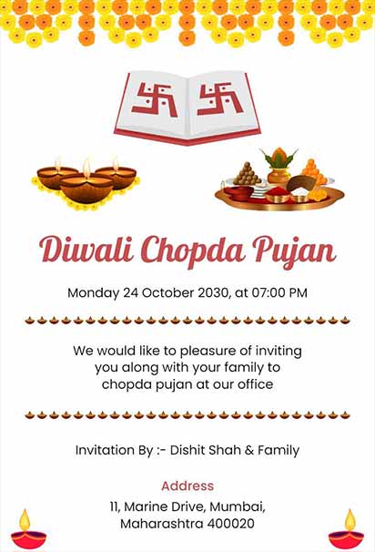 Minimalist Chopda Pujan Invitation Featuring White Background, Traditional Diwali Elements, and Clean Elegant Design