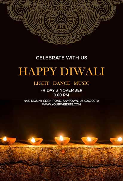 Minimalistic Diwali Invitation Featuring Golden Mandala, Lit Diyas, and Clean Elegant Design on Light Background