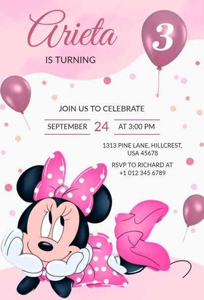 Soft Pastel Minnie Mouse Third Birthday Invitation With Polka Dot Dress And Balloons