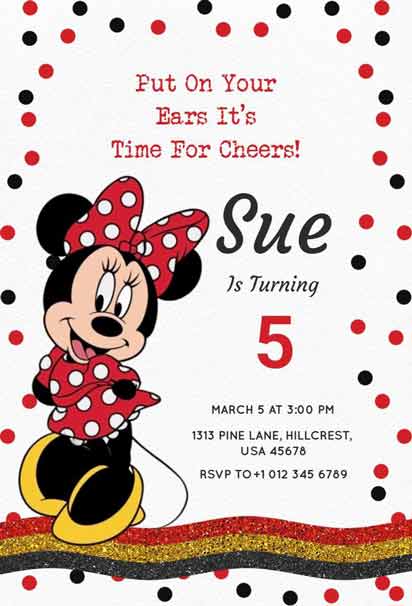 Black and Red Minnie Mouse Fifth Birthday Invitation With Glitter Border