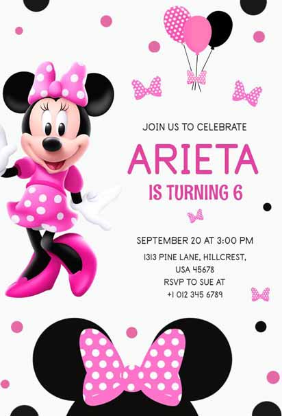 Cheerful Minnie Mouse Sixth Birthday Invitation With Balloons And Bows