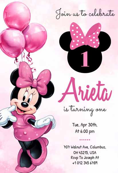 Minnie Mouse First Birthday Invitation With Pink, Black, And White Colors, Polka Dot Bow