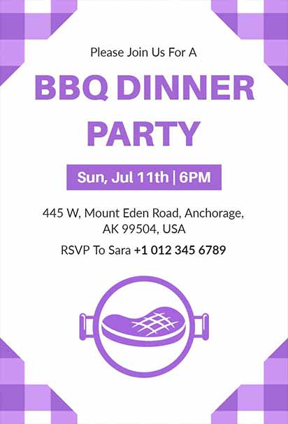 Modern BBQ Dinner Design With Bold Purple Tones, Grill Icons, and Contemporary Elements