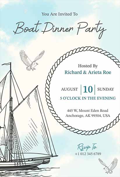 Nautical Dinner Party Design With Blue and White Theme Featuring a Sailboat Illustration