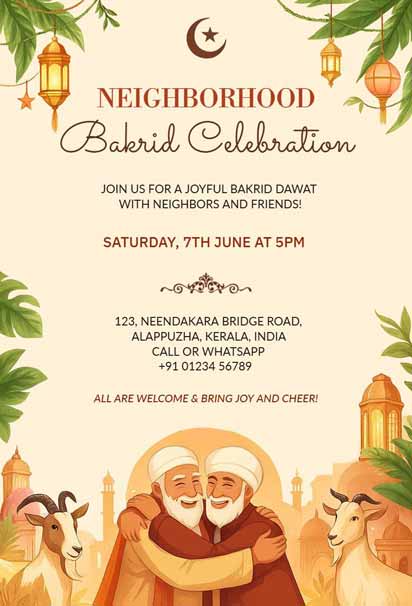 Neighborhood Bakrid Celebration Invitation Featuring Embracing Elders, Lanterns, Goats, and Festive Decor