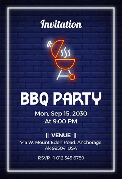 Neon Night BBQ Party Invitation with Bold Glow and Vibrant Retro Design
