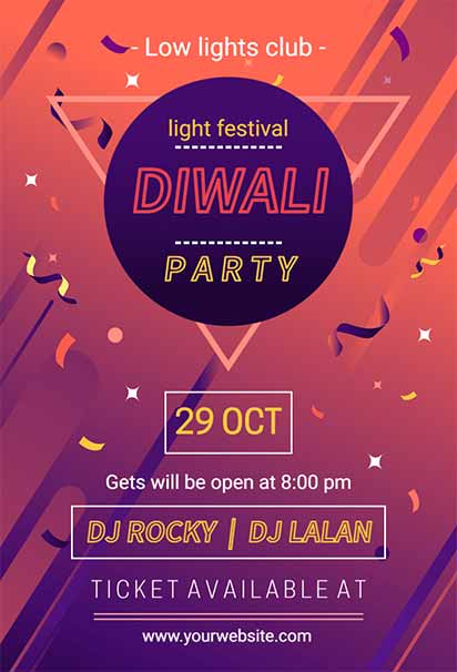 Neon-Themed Diwali Party Invitation Featuring Bright Colors, Modern Club Vibes, and Festive Decorative Lights