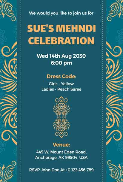 Sue's Mehndi Celebration Invitation With Teal And Gold Floral Patterns, Featuring Ornate Borders And Elegant Typography