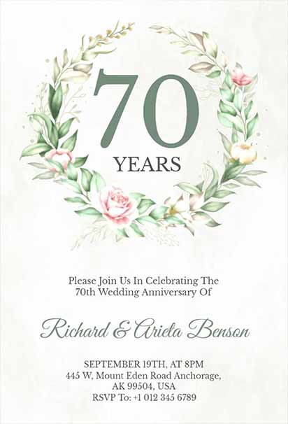 Elegant 70th Wedding Anniversary Invitation With Soft Pastel Floral Accents and Delicate Romantic Design