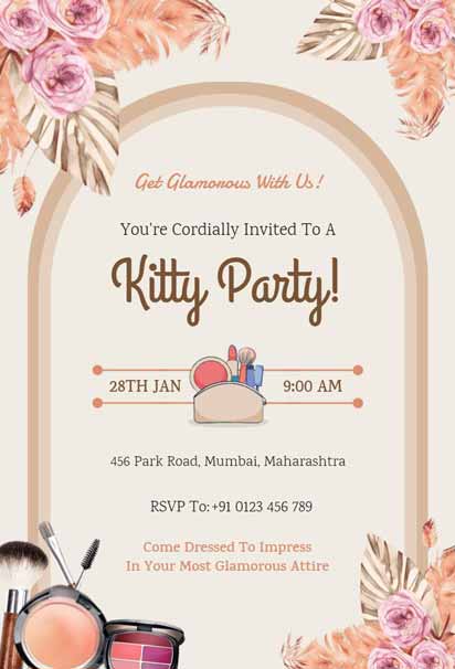 Pink And Gold Kitty Party Invitation With Floral Frame and Makeup Icons