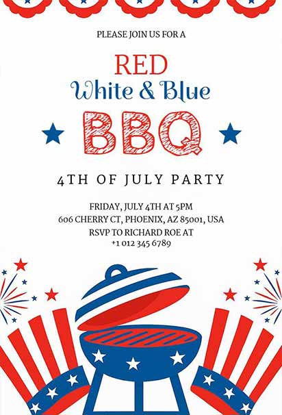 Patriotic 4th of July BBQ Party Invitation with Red, White, and Blue Stars and Stripes Design