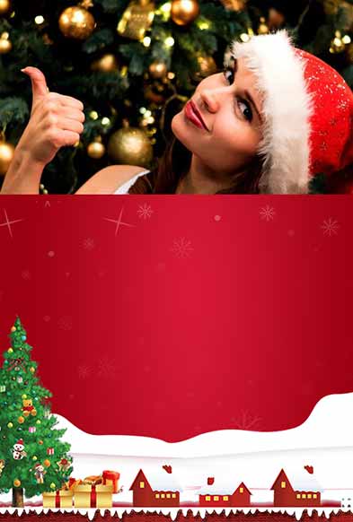 Blank Christmas invitation template with photo placeholder above snowy village scene