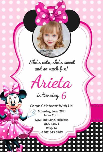 Black and Pink Minnie Mouse Sixth Birthday Invitation With Cheerful Design