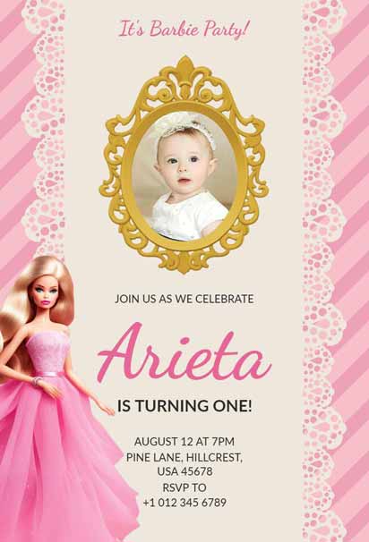 Pink Striped Barbie Birthday Party Invitation With Gold Frame Photo And Doll