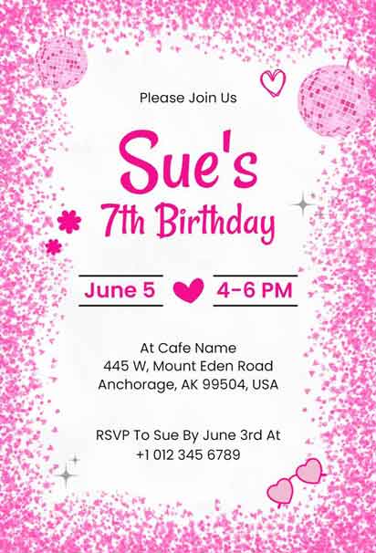 Pink Glittery 7th Barbie Birthday Invitation For Sue With Hearts And Disco Balls