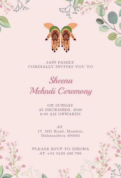 Sheena's Mehndi Ceremony Invitation with Henna-Adorned Hands, Floral Design, And Pink Background