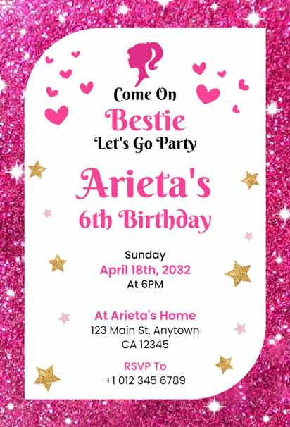 Pink Glittery Barbie 6th Birthday Invitation With Hearts And Stars For Arieta