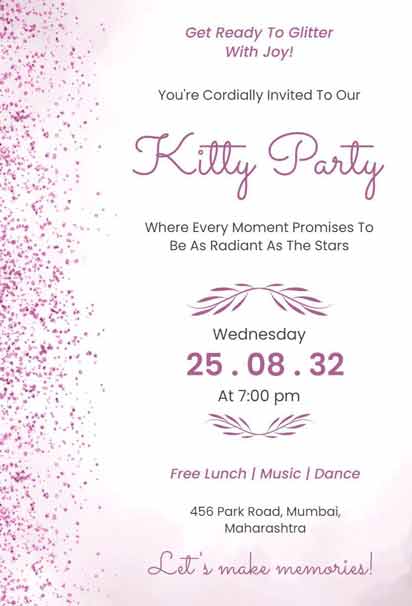 Pink Kitty Party Invitation   with Pink Glitter Border And Festive Icons