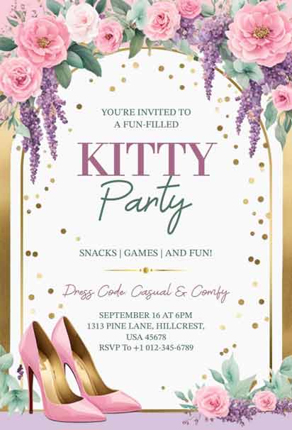 Pink Flowers Kitty Party Invitation With Gold Dots And High Heels