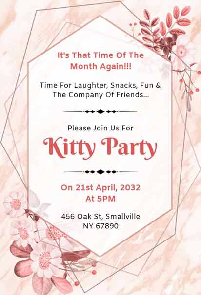Pink Kitty Party Invitation With Floral Accents and Geometric Patterns