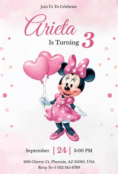 Minnie Mouse Third Birthday Invitation with Pink Polka Dot Dress Holding Heart Balloons