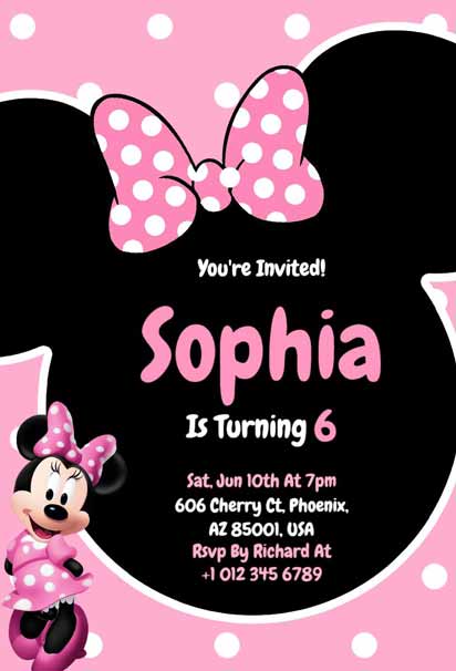 Minnie Mouse Sixth Birthday Invitation With Polka Dot Pattern And Large Bow