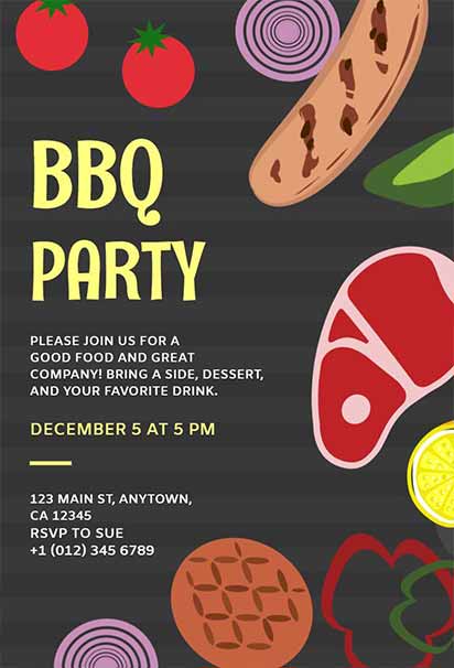 Playful Food-Themed BBQ Party Invitation with Vibrant Illustrations and Festive Summer Vibes