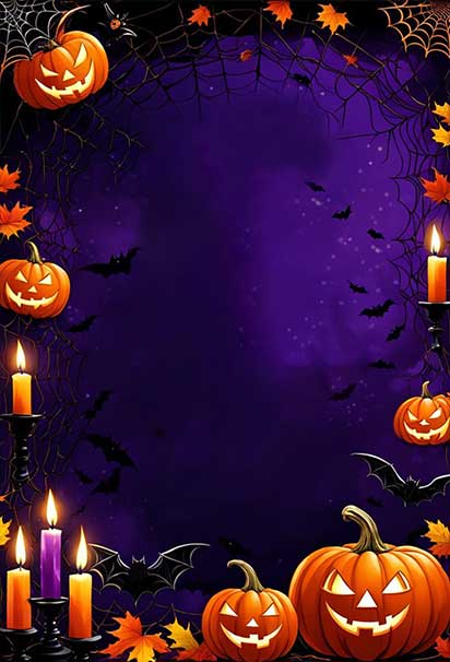 Purple Halloween Night Invitation Background with Pumpkins and Warm Candlelight Glow