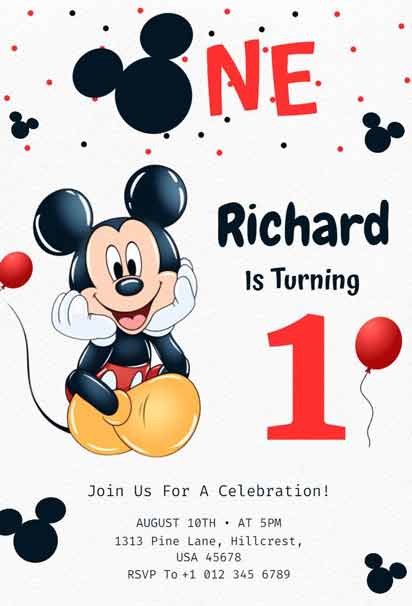 Mickey Mouse First Birthday Invitation With Black, Red, And Yellow Colors And Polka Dot Pattern