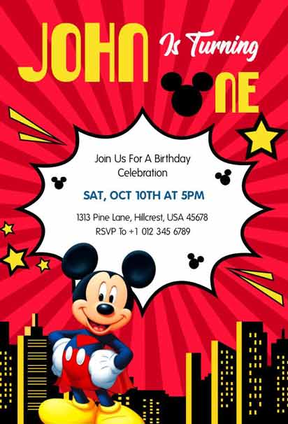 Mickey Mouse First Birthday Invitation With Red, Yellow, And Black Colors And Comic-Style Design