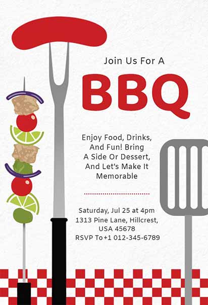 Red and White Picnic-Style BBQ Party Invitation with Classic Checkered Pattern and Rustic Outdoor Charm
