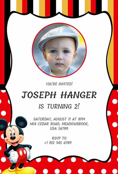 Mickey Mouse Birthday Invitation with Red, Black, and Yellow Stripes And Polka Dots