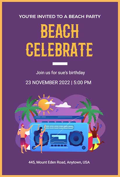 Retro Music Beach Party invitation Design Featuring Boombox, Neon Colors, and Vintage Summer Vibes