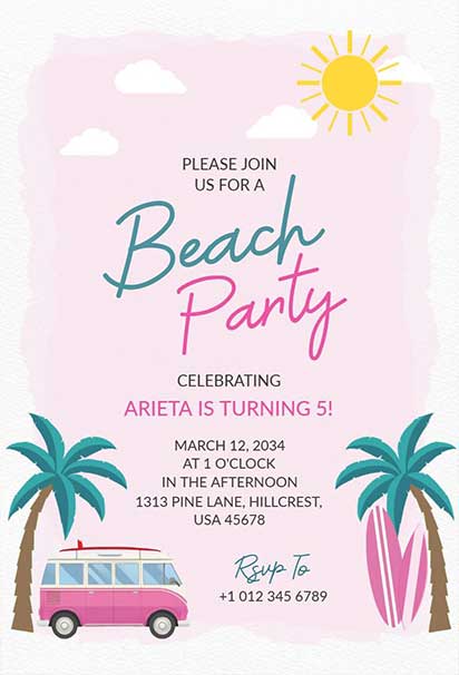 Retro-Style Beach Party invitation Design With Pink Tones, Palm Trees, and Vintage Summer Vibes