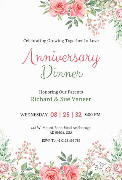 Romantic Anniversary Dinner Design With Soft Floral Accents and Elegant Love-Themed Elements