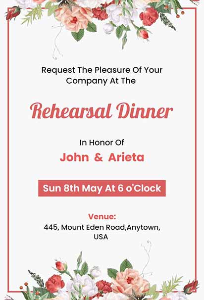 Romantic Rehearsal Dinner Design With Soft Floral Illustrations and Elegant Script Text