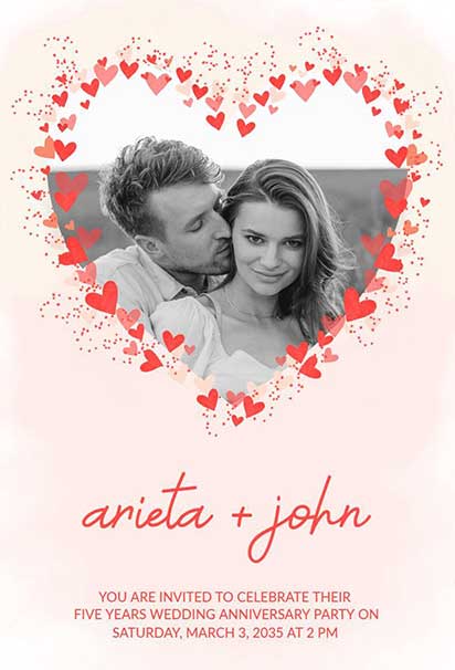 Romantic Wedding Anniversary Invitation Featuring Heart Motifs and Soft Elegant Love-Themed Design