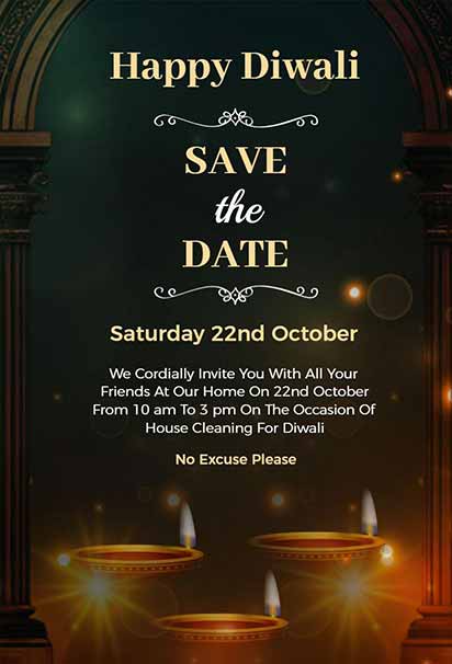 Royal Save the Date Diwali Invitation Featuring Golden Diyas, Arch Motif, and Elegant Decorative Accents
