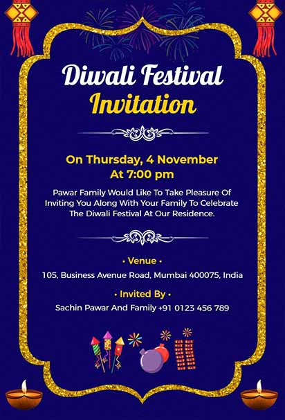 Royal Blue Diwali Festival Invitation Featuring Golden Accents, Traditional Diyas, and Elegant Decorative Patterns
