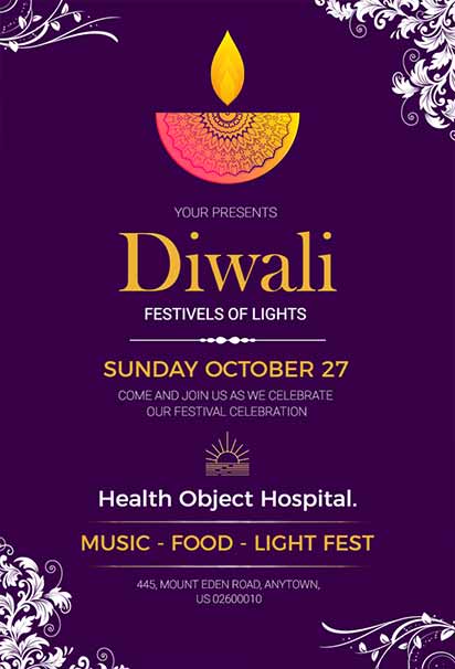 Royal Purple Diwali Invitation Featuring Mandala Patterns, Golden Diyas, and Ornamental Decorative Corners