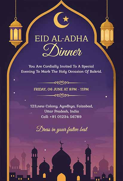 Regal Islamic Festival Dinner Design With Royal Purple Background, Gold Lanterns, and Ornate Patterns