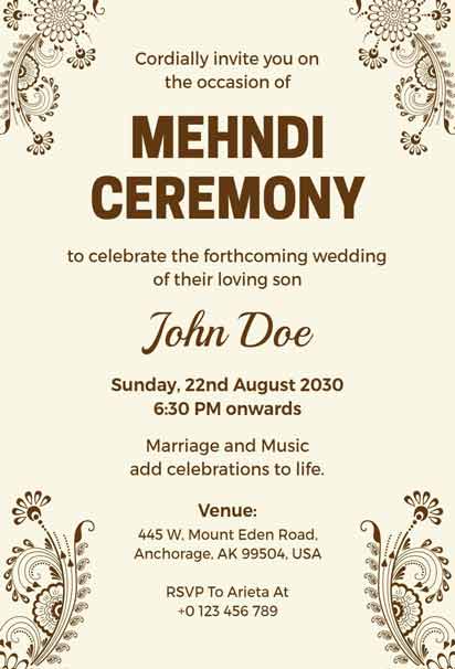 Mehndi Ceremony Invitation With Brown Floral Patterns On A Beige Background, Featuring Elegant Typography