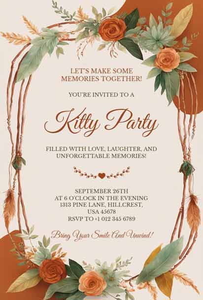 Orange Floral Kitty Party Invitation With Green Leaves and Feathers