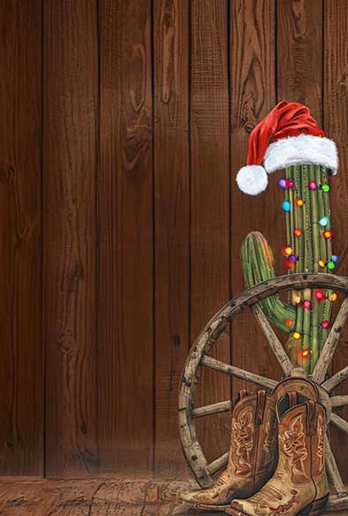 Blank Christmas invitation template with decorated cactus, wagon wheel, and cowboy boots