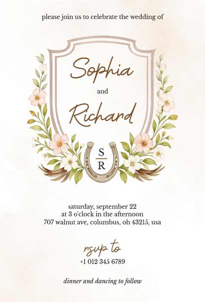 Western Wedding Invitation With Delicate Floral Borders, Soft Neutral Tones, And Classic Typography