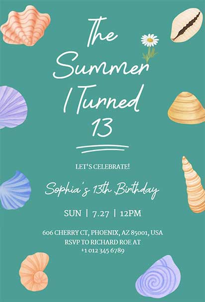 Delightful Summer Birthday invitation template Featuring Seashells, Starfish, and Soft Ocean-Inspired Colors